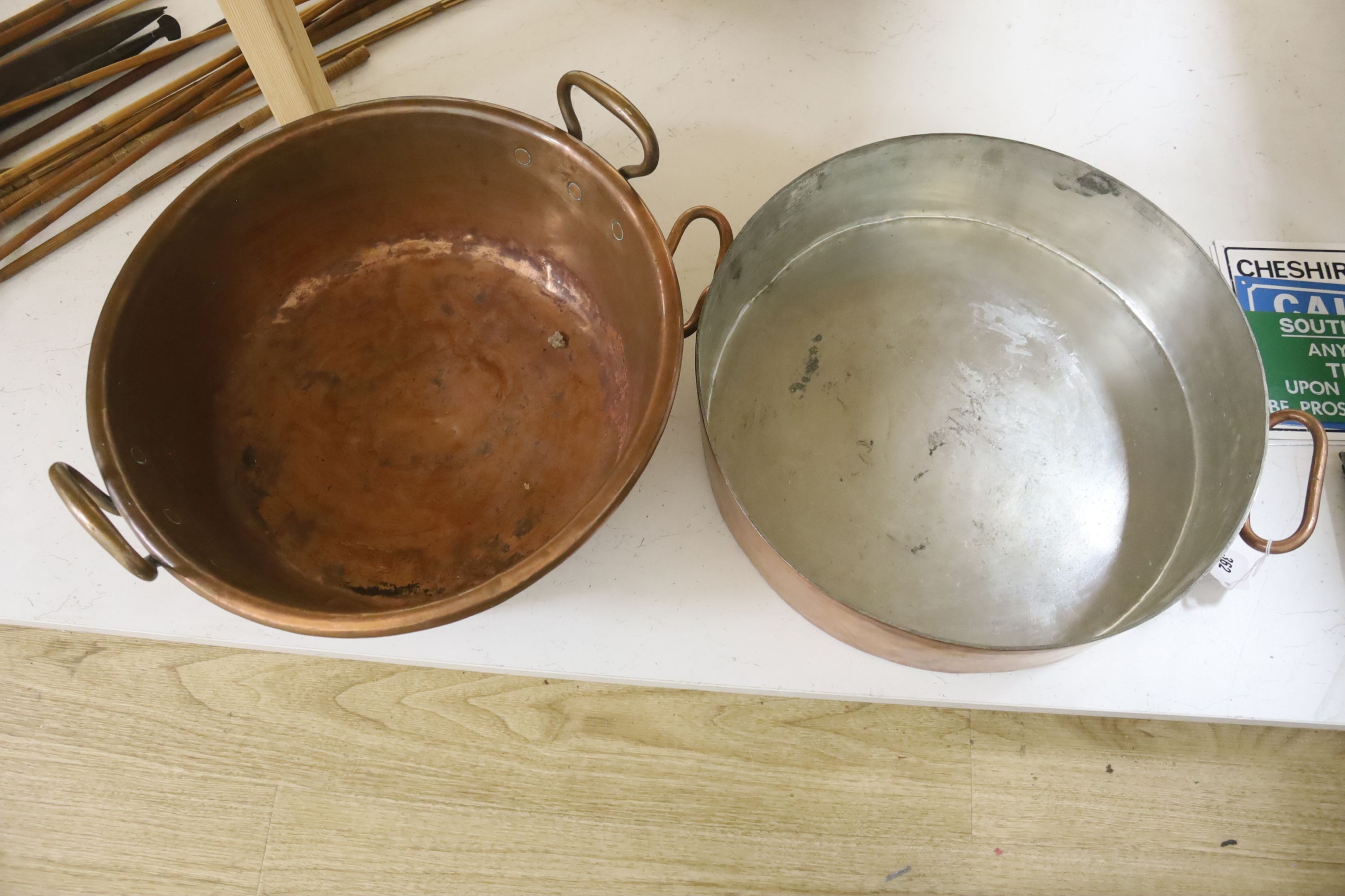 Two large copper two handled preserving pans, 41cm